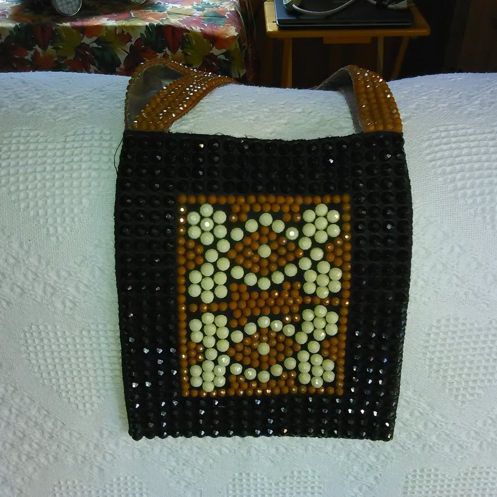Vintage black, brown and white beaded bag